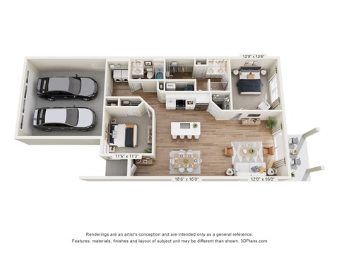 Floor plan for 2 beds, 2 baths, 1276 sqft